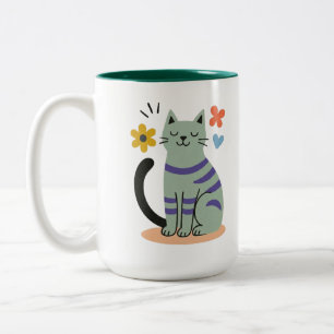 Caneca De Café Em Dois Tons Gato Verde Salvia Boho Floral Arte Mid Century