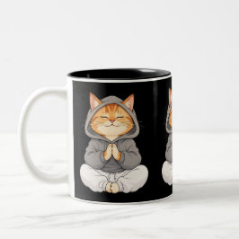 Caneca De Café Em Dois Tons Gato Zen com Capuz – Gato de Desenho Animado Fofo 