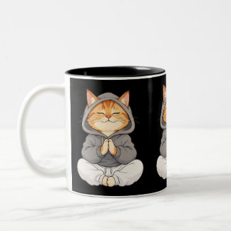Caneca De Café Em Dois Tons Gato Zen com Capuz – Gato de Desenho Animado Fofo 