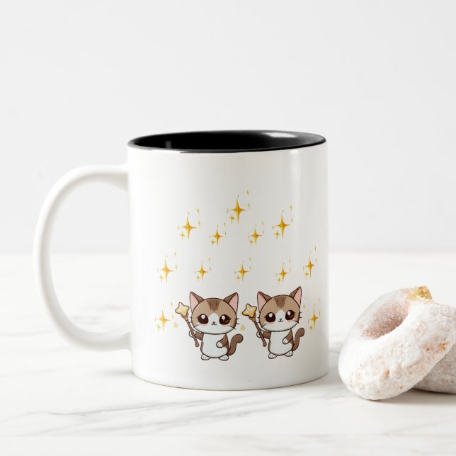 Caneca De Café Em Dois Tons Gatos Cachorros Segurando Estrelas de Guerra Mágic (Com Donut)