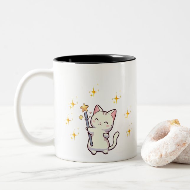 Caneca De Café Em Dois Tons Gatos Cachorros Segurando Estrelas de Guerra Mágic (Com Donut)