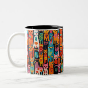 Caneca De Café Em Dois Tons Gatos de Arte Folclórica Vibrantes