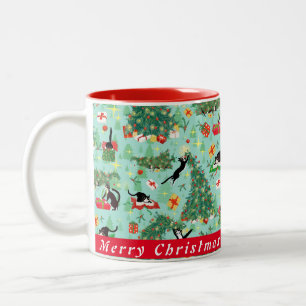 Caneca De Café Em Dois Tons Gatos em Árvores de Natal, Mug de Café Personali