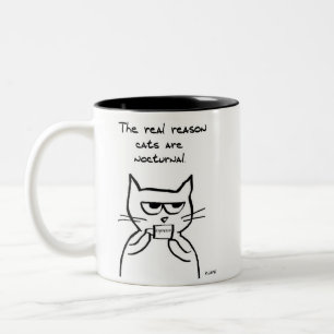 Caneca De Café Em Dois Tons Gatos estão acordados a noite toda - Gato Engraç