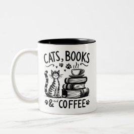 Caneca De Café Em Dois Tons Gatos, Livros e Café