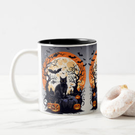 Caneca De Café Em Dois Tons Gatos Negros e Lua Nocturna