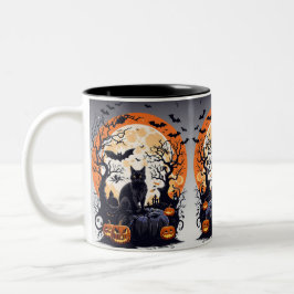 Caneca De Café Em Dois Tons Gatos Negros e Lua Nocturna