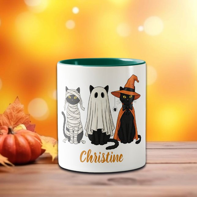 Caneca De Café Em Dois Tons Gatos Negros Fantasma Halloween (Criador carregado)