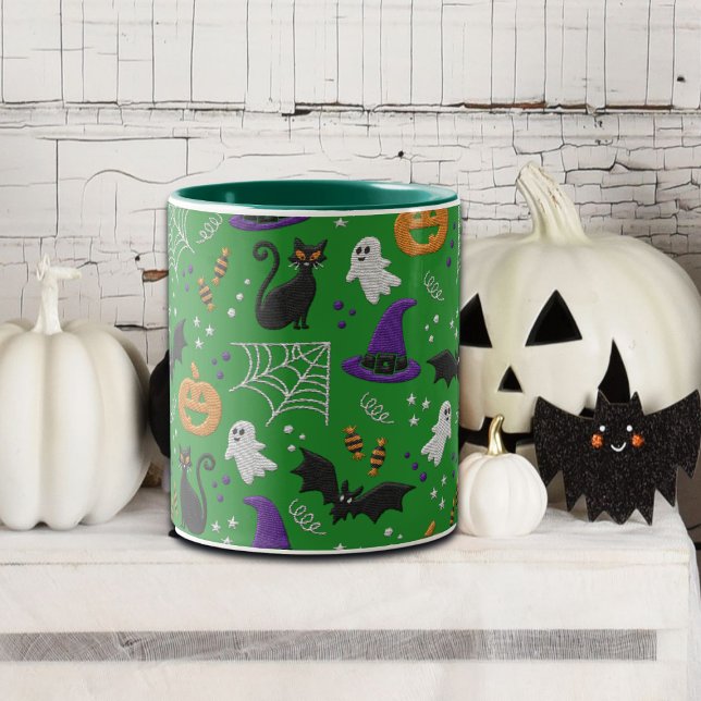 Caneca De Café Em Dois Tons Gatos Negros Fantasmas Morcegam Padrão Verde Hallo (Criador carregado)