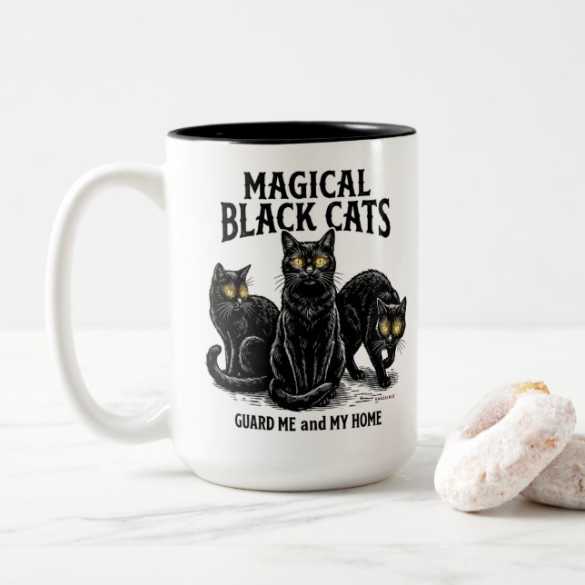 Caneca De Café Em Dois Tons Gatos Pretos Mágicos (Com Donut)