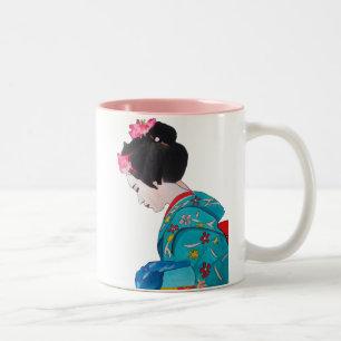 Caneca De Café Em Dois Tons Geisha bonitinha japonesa com flor de cereja