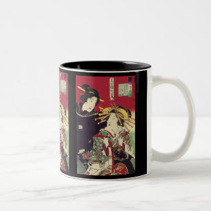 Caneca De Café Em Dois Tons Geisha japonesa de cereja verde-cereja kimono