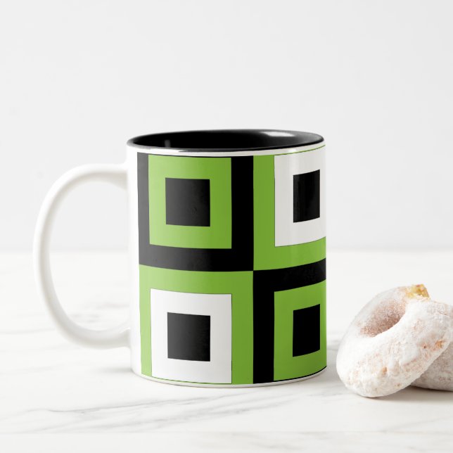 Caneca De Café Em Dois Tons Geométrico Preto Branco Verde (Com Donut)