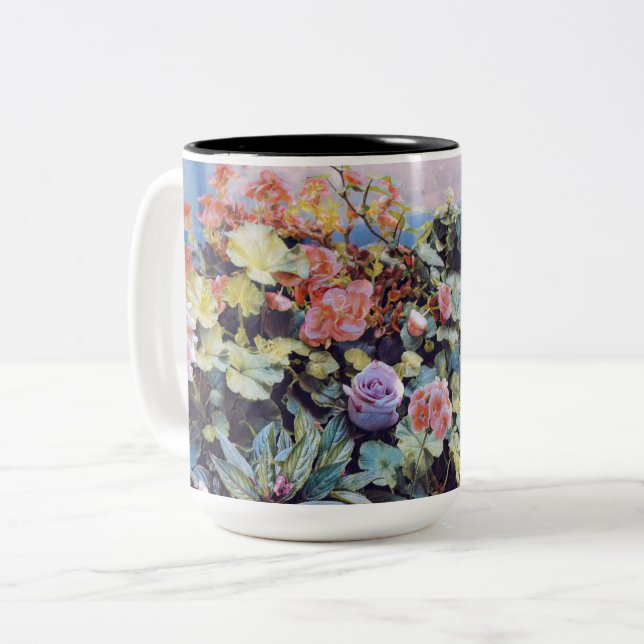 CANECA DE CAFÉ EM DOIS TONS GERÂNIO, BEGÔNIAS E ROSA (Frente Esquerda)
