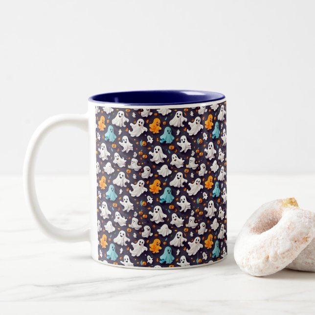 Caneca De Café Em Dois Tons Ghost Happy Halloween Cute e Spooky Seasonal (Com Donut)