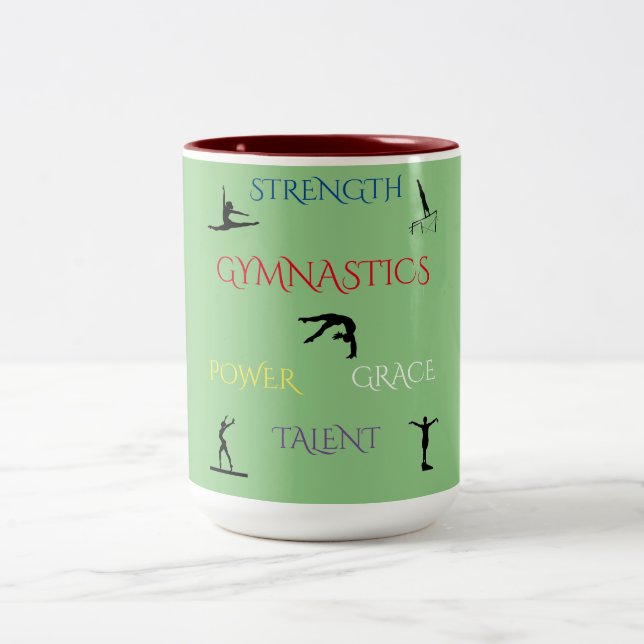 CANECA DE CAFÉ EM DOIS TONS GIMNASTICA DOIS MÚGINAS DE TOM EM SAGE/MAROON. (Centro)
