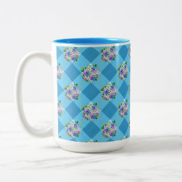 Caneca De Café Em Dois Tons Gingham Azul e Flores Azuis Roxas