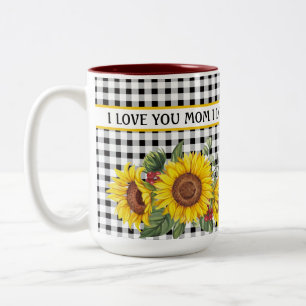 Caneca De Café Em Dois Tons Gingham Negro Girassóis Criam sua própria frase