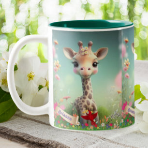 Caneca De Café Em Dois Tons Girafa Bonita no Jardim Floral Personalizado