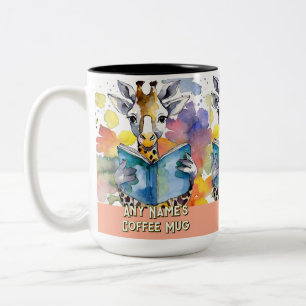 Caneca De Café Em Dois Tons Girafa lendo o grande livro "Tone Coffee Mug"