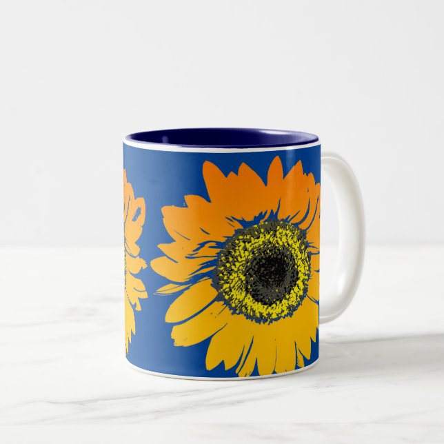 Caneca De Café Em Dois Tons Girassóis Azul Fundo (Frente Esquerda)