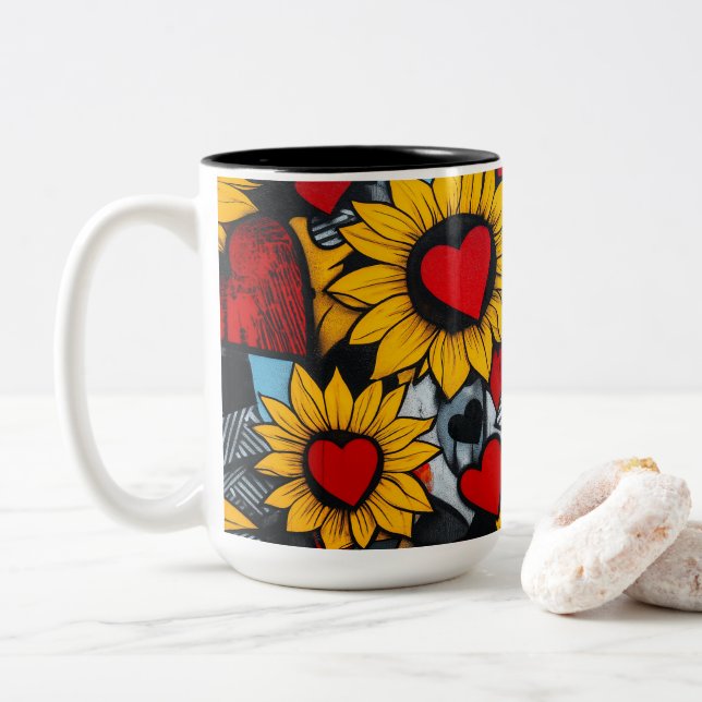 Caneca De Café Em Dois Tons girassóis e corações (Com Donut)