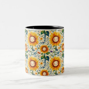 Caneca De Café Em Dois Tons Girassóis Felizes: Padrão de Girassol Alegre