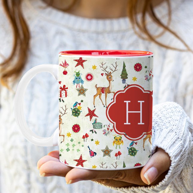 Caneca De Café Em Dois Tons Girly Christmas Reindeer | Monograma - Mug De Duas (Girly Christmas Reindeer | Monogram Two Tone Mug)