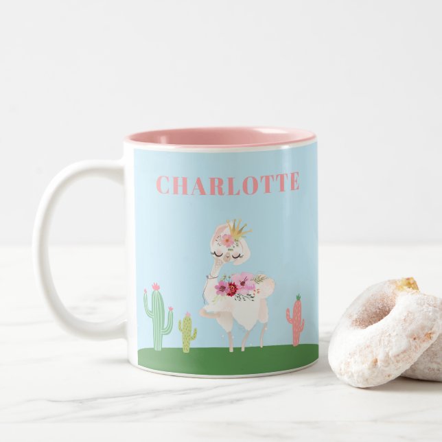 Caneca De Café Em Dois Tons Girly Princess Llama Floral Cactus (Com Donut)