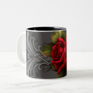 Caneca De Café Em Dois Tons Glamour Gótico Rosa Vermelha Preta Ornamental Glam