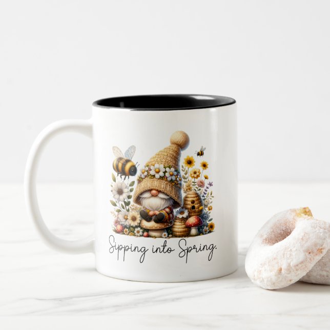 Caneca De Café Em Dois Tons Gnomo e Bee Primavera (Com Donut)