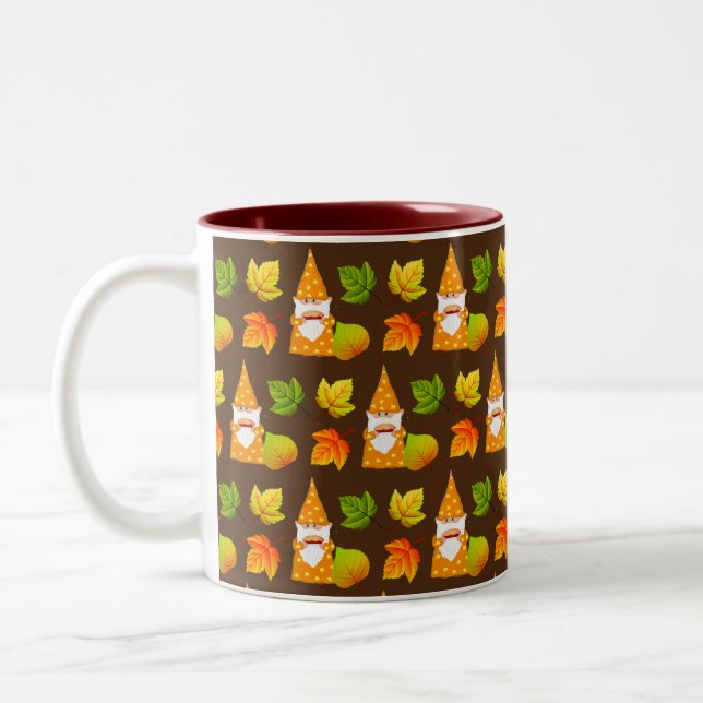 Caneca De Café Em Dois Tons Gnomo Fofo & Folhas de Outono Lindas em Marrom (Esquerda)