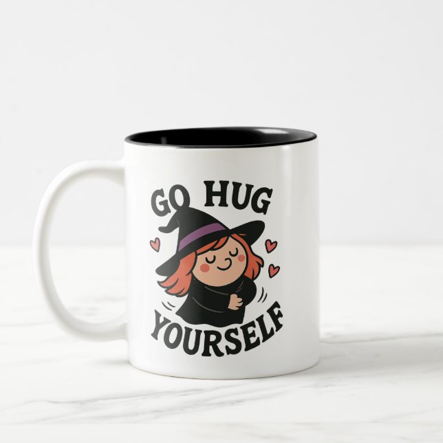 Caneca De Café Em Dois Tons Go Hug Yourself Witch – Cute Self-Love Halloween (Esquerda)