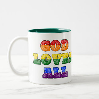 Caneca De Café Em Dois Tons "God Loves All" Gay/LGBTQIA+/Queer Christian Pride