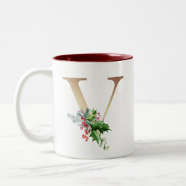 Caneca De Café Em Dois Tons Gold Foil V Monograma Pine e Berry Natal