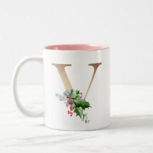 Caneca De Café Em Dois Tons Gold Foil V Monograma Pine e Berry Natal