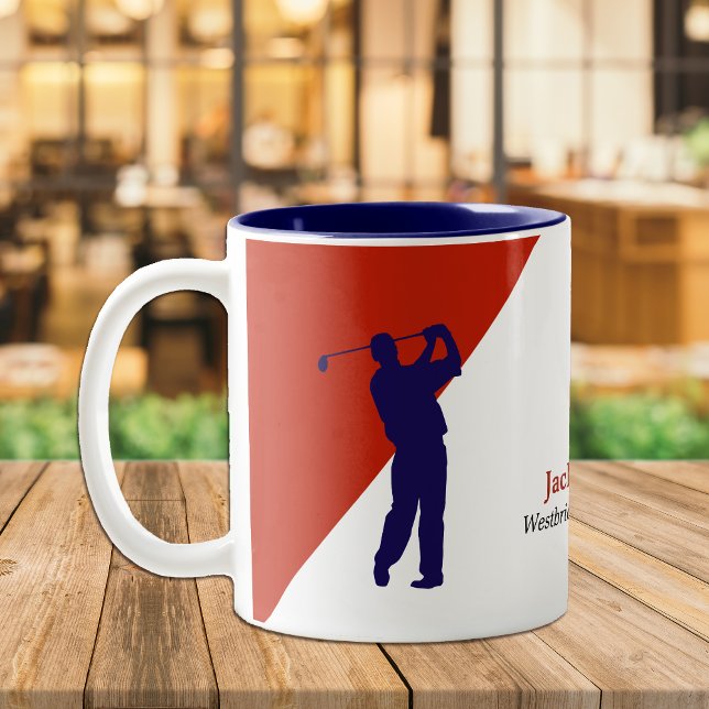 Caneca De Café Em Dois Tons Golfer Azul marinho em Vermelho Diagonal (Criador carregado)