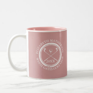 Caneca De Café Em Dois Tons Golfer e Club Name Date Dusty Rosa Rosa