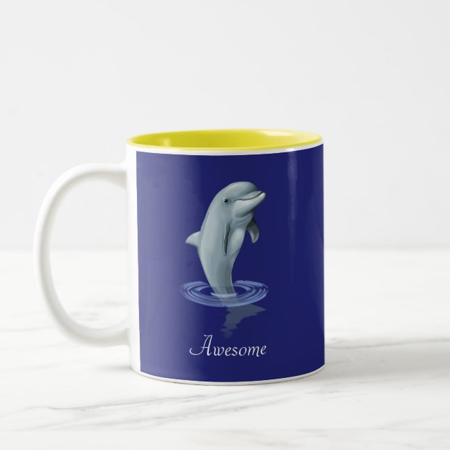 Caneca De Café Em Dois Tons Golfinho Fofo Moderno, Rótulo e Monograma em Azul (Esquerda)