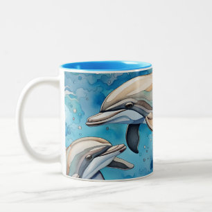 Caneca De Café Em Dois Tons Golfinhos nadando no mar 
