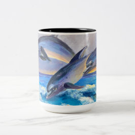 Caneca De Café Em Dois Tons Golfinhos Saltando Para A Alegria