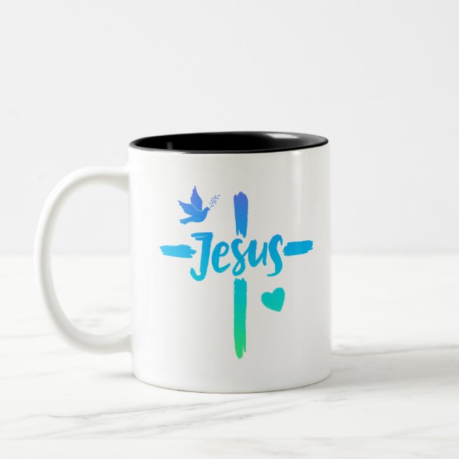 Caneca De Café Em Dois Tons Gradiente Azul E Verde Jesus Cruzando Cristão (Esquerda)