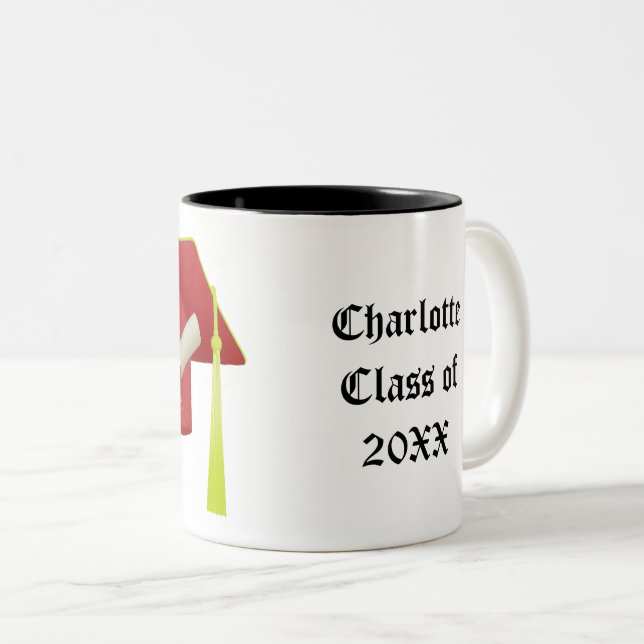 Caneca De Café Em Dois Tons Graduação Boné Vermelho Classe de 20XX Adicionar N (Frente Esquerda)