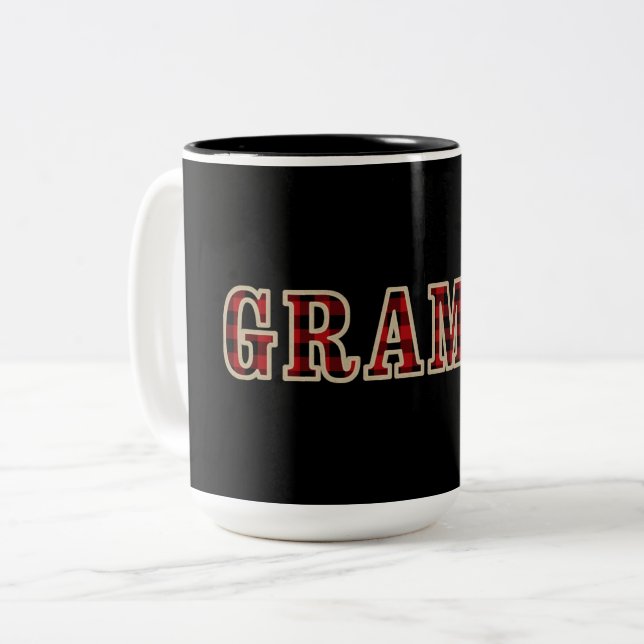 Caneca De Café Em Dois Tons GRAMPS Rustic Vermelho Preto Búfalo Xadrez Quadrad (Frente Esquerda)