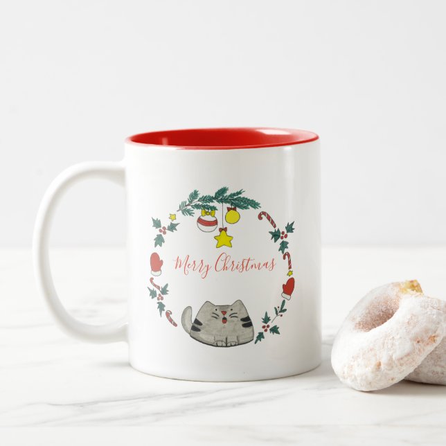 Caneca De Café Em Dois Tons Grinalda personalizado/do gato Natal (Com Donut)