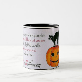 Caneca De Café Em Dois Tons Grinning Pumpkin and Cat Halloween Mug