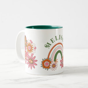 Caneca De Café Em Dois Tons Groovy Retro Daisy Flowers Padrão Boho Floral
