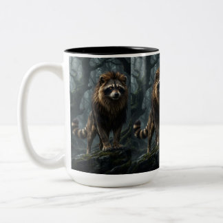 Caneca De Café Em Dois Tons Guaxinim Místico Leão – Fantasia da Floresta de Ol