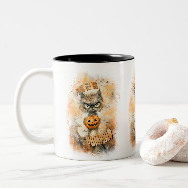 Caneca De Café Em Dois Tons Halloween Cranky Cat Com Abóbora (Com Donut)