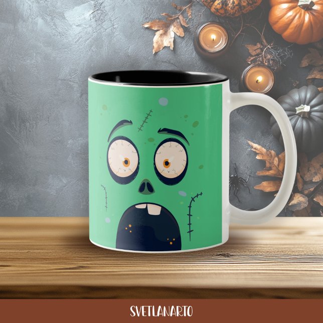 Caneca De Café Em Dois Tons Halloween Green Scared Zombie Coffee Mug (Frontal view)